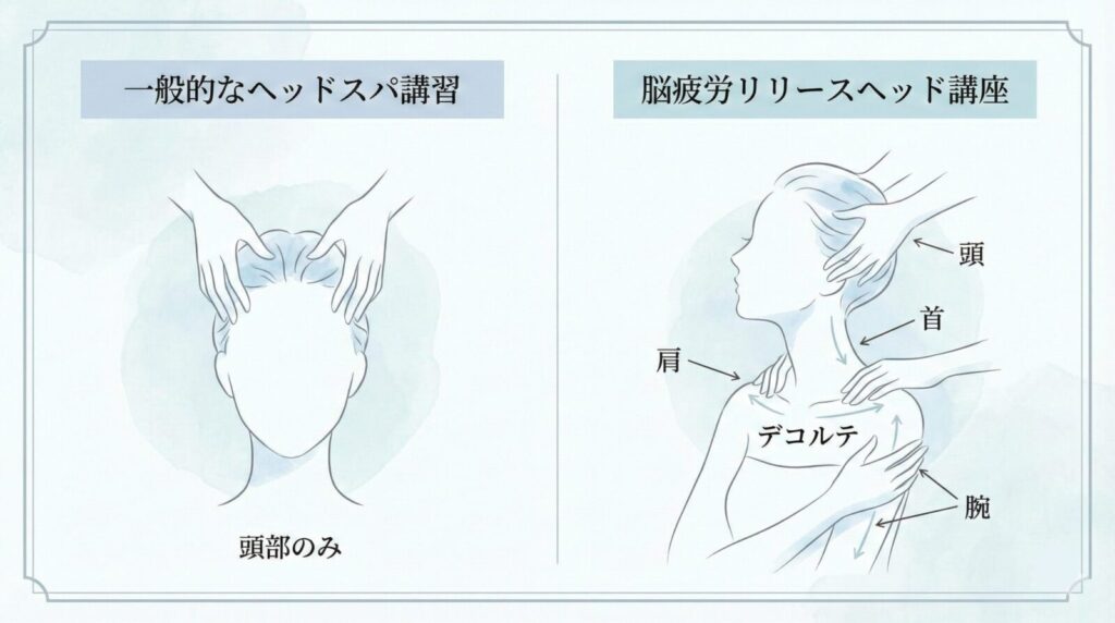 一般的なヘッドスパ講習と脳疲労リリースヘッド講座の施術範囲の違いを示す図解
