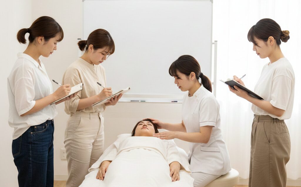 東京世田谷で開催するプロ向けエステ実技セミナー。少人数で講師の施術を間近で見ながら学べる講習風景。