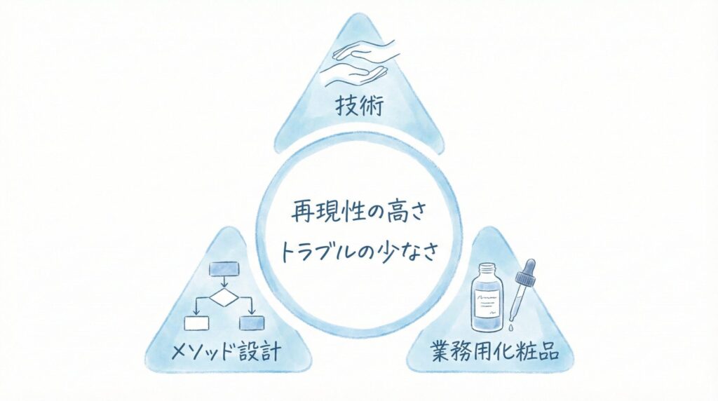 フェイスソワンの3つの要素（技術・化粧品・メソッド）を示す三角構造図