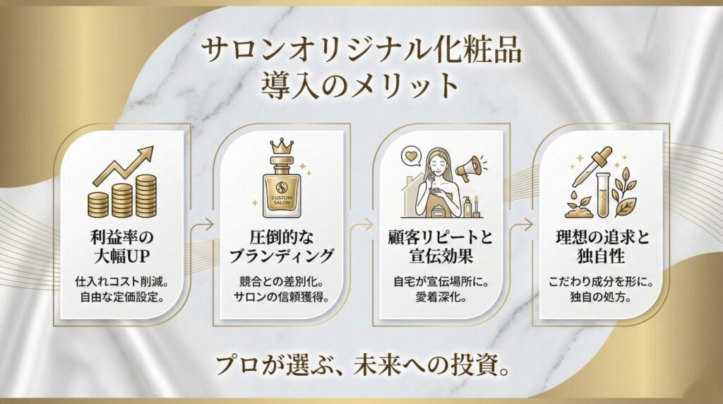 オリジナル化粧品導入のメリット図解。利益率向上、差別化、宣伝効果など