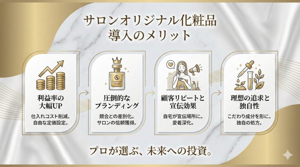 オリジナル化粧品導入のメリット図解。利益率向上、差別化、宣伝効果など