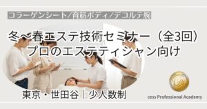 冬〜春エステ技術セミナー(全3回)のアイキャッチ。プロのエステティシャン向け実技講習を東京・世田谷で少人数制で開催する案内ビジュアル。