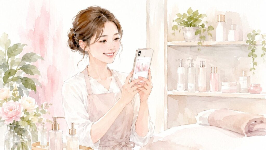 スマートフォンでAIを使ってサロンのInstagram投稿を作成しているイメージ
