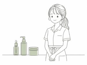 業務用化粧品の仕入れについて相談し安心するサロンスタッフのイラスト