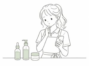 業務用化粧品の仕入れ先を考えるサロンスタッフのイラスト