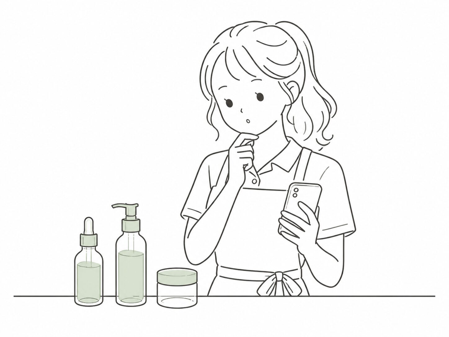 業務用化粧品の仕入れ先を考えるサロンスタッフのイラスト