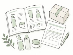 業務用化粧品のカタログと商品、発注書、配送箱のイラスト