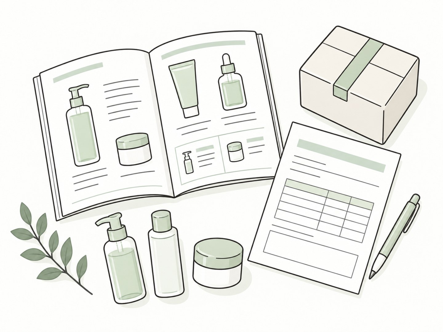 業務用化粧品のカタログと商品、発注書、配送箱のイラスト