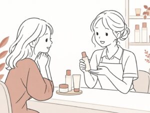 サロンスタッフがお客様に化粧品を説明するイラスト