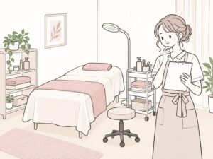 エステサロンの施術室で設備と備品を確認するオーナーのイラスト