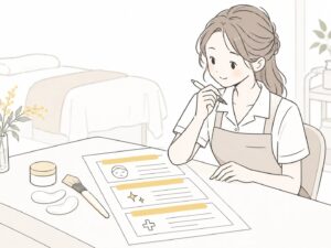 3段に分かれたメニュー表を組み立てるエステサロンのオーナーのイラスト