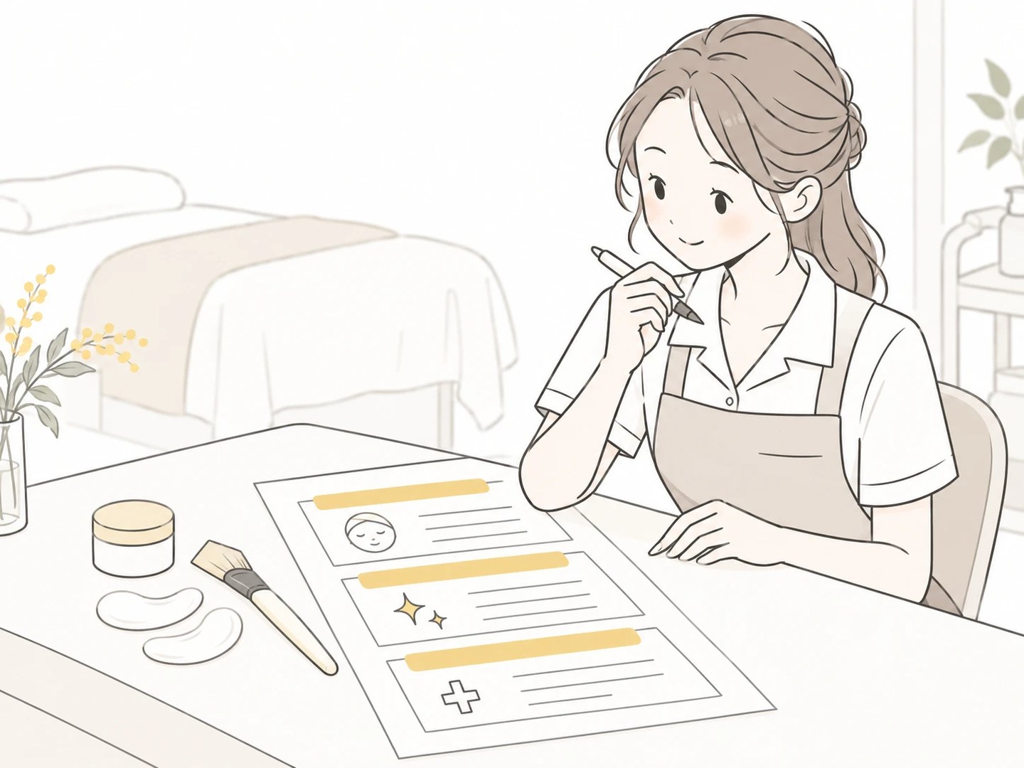 3段に分かれたメニュー表を組み立てるエステサロンのオーナーのイラスト
