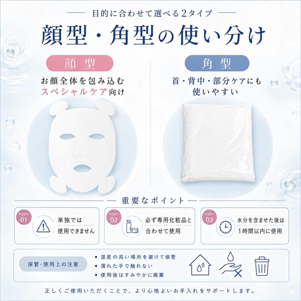 顔型と角型のコラーゲンシートの使い分けと取り扱いの注意の図解