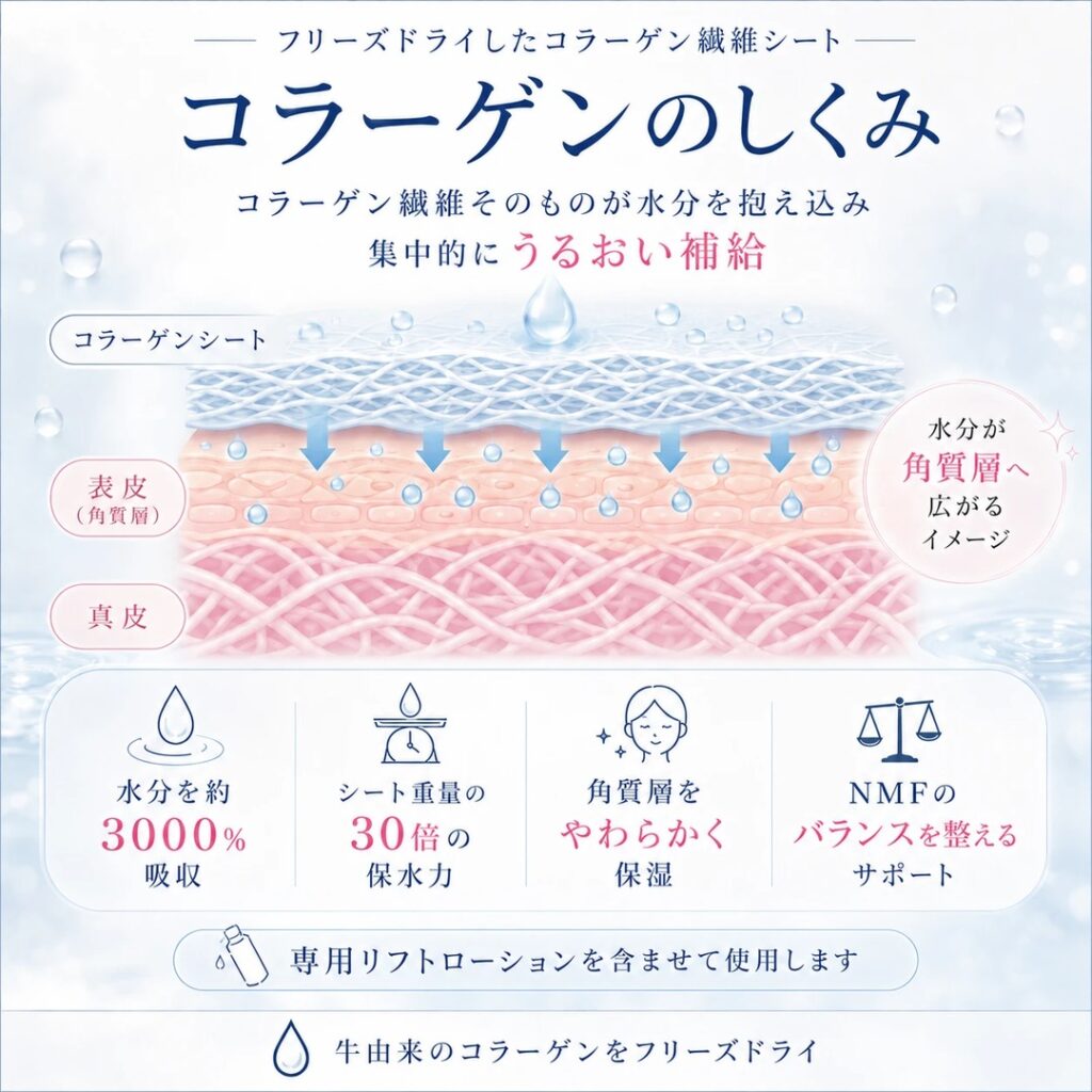 コラーゲンシートが水分を抱え込み角質層へうるおいを届けるしくみの図解