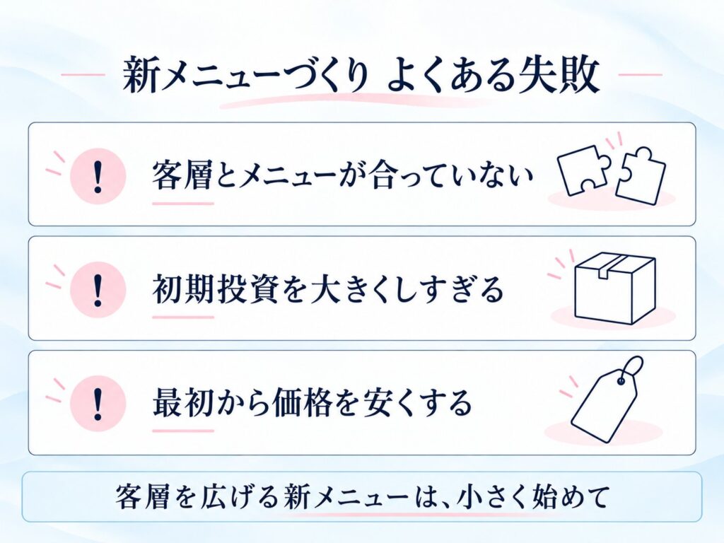 新メニューづくりのよくある失敗。客層とメニューが合っていない、初期投資を大きくしすぎる、最初から価格を安くする